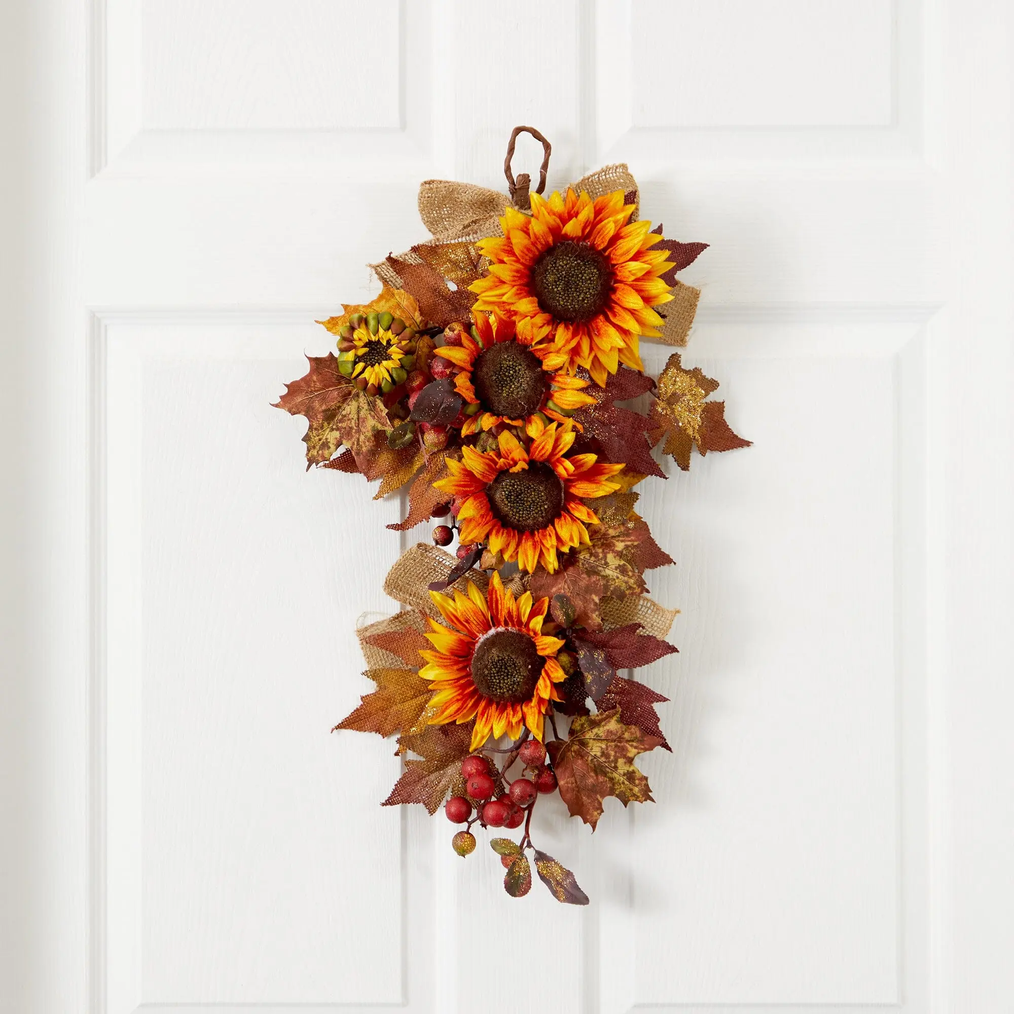 24-in Sunflower & Berry Teardrop Ornament - Unique Flower Design, Teardrop Shape Harvest Room Decoration, Festive Home Supplies Gift (with Sunflower & Leaf Accents), Gifts