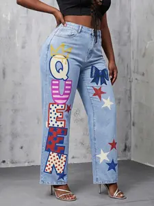 Jeanius Women's High Waist Wide Leg Denim Jeans, Medium Stretch Light Wash, QUEEN Letter Star Bow Print, Streetwear Semi Baggy Jeans summervibes