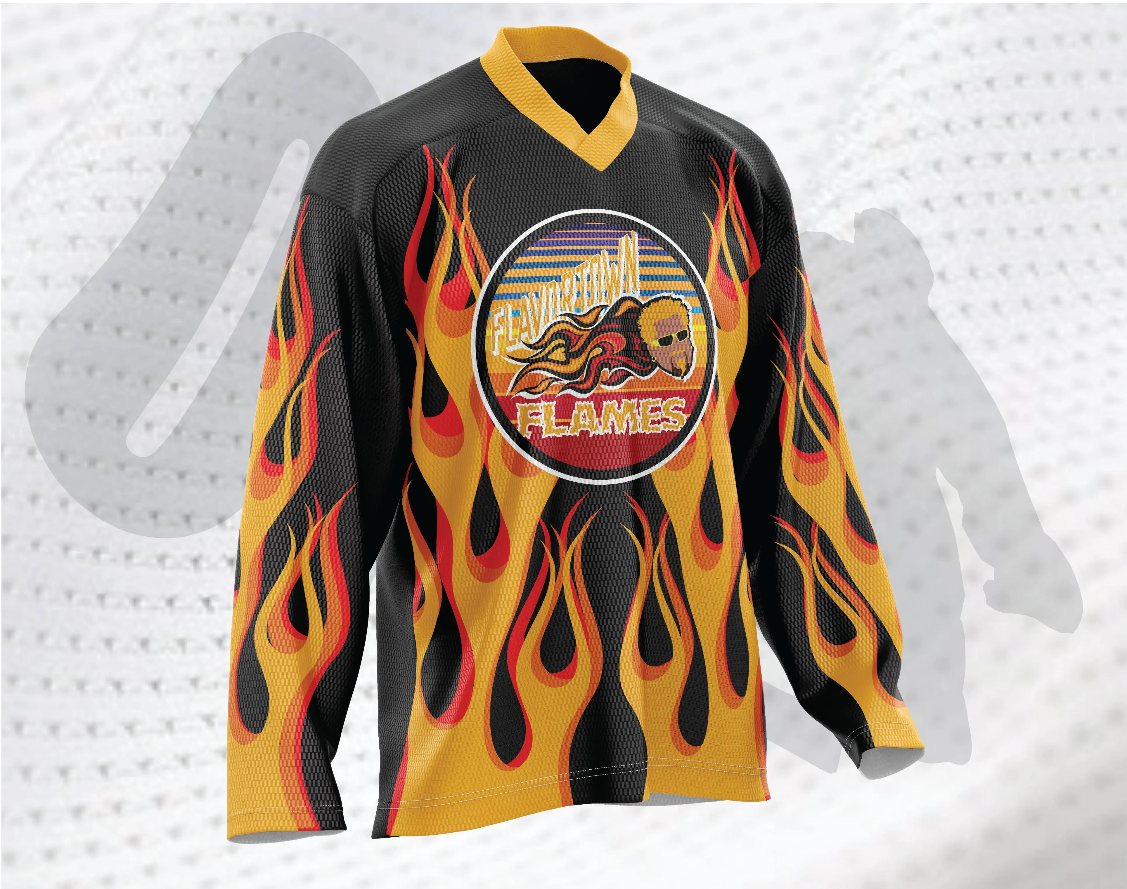 Flavortown Flames Hockey Jersey - Customizable Bold Flame Graphic with Guy Representation & Standard/Lightweight Mesh Options