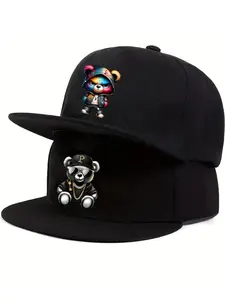 2pcs Cartoon Bear Print Unisex Flat Brim Baseball Cap, Street Style Outdoor Sports Hat, Adjustable, Perfect Gift for Friends, Graphic Trucker Hat