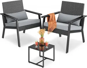 Gizoon 3-Piece Wicker Small Outdoor Patio Furniture Set with Glass Table for Balcony, Porch, and Garden (Gray)