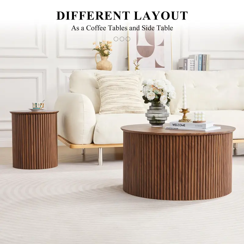 Giratree Fluted Round Nesting Coffee Table Set of 2, Mid Century Modern Wood Coffee Tables and End Table Set, Circle Side Table Minimalist Center Tables for Living Room, Office Giratree Fluted Round Nesting Coffee Table Set of 2, Mid Century Modern Wood Coffee Tables and End Table Set, Circle Side Table Minimalist Center Tables for Living Room, Office