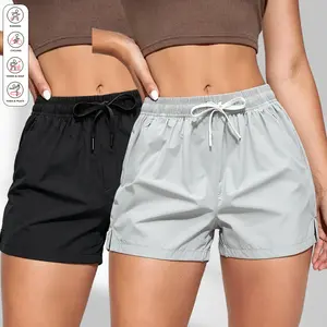 2-pack women’s solid-color basic casual athletic shorts for home wear—soft and comfortable, basic design, casual style, with pockets and a drawstring waist; can be worn as loungewear and suitable for summer casual wear.,summervibes