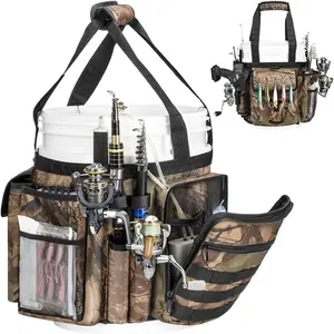 Fishing Bucket Organizer for 5 Gallon Bucket, Ice Fishing Bucket Tool Organizer, Adjustable Fishing Bucket Caddy Tackle Bag with Multi-Pockets for Fishing Gear