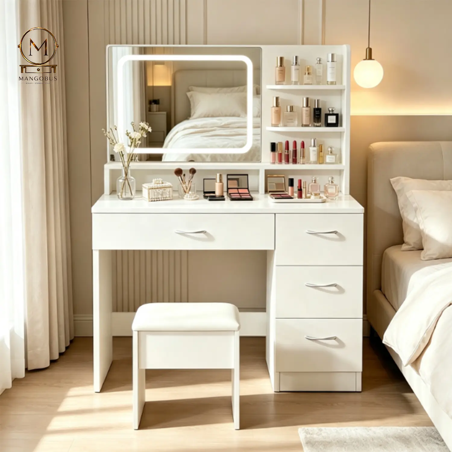 White Freestanding Makeup Vanity Set with Lighted Mirror, Chair, Storage Drawers, Modern Indoor Vanity with Mirror for Bedrooms, Dormitories