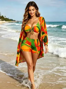 Women's Plus Size 3 Piece Swimsuit, Tropical Print Drawstring Bikini + High Waist Boyshorts + Long Kimono Cover Up, Swimwear for Beach Vacation 2026