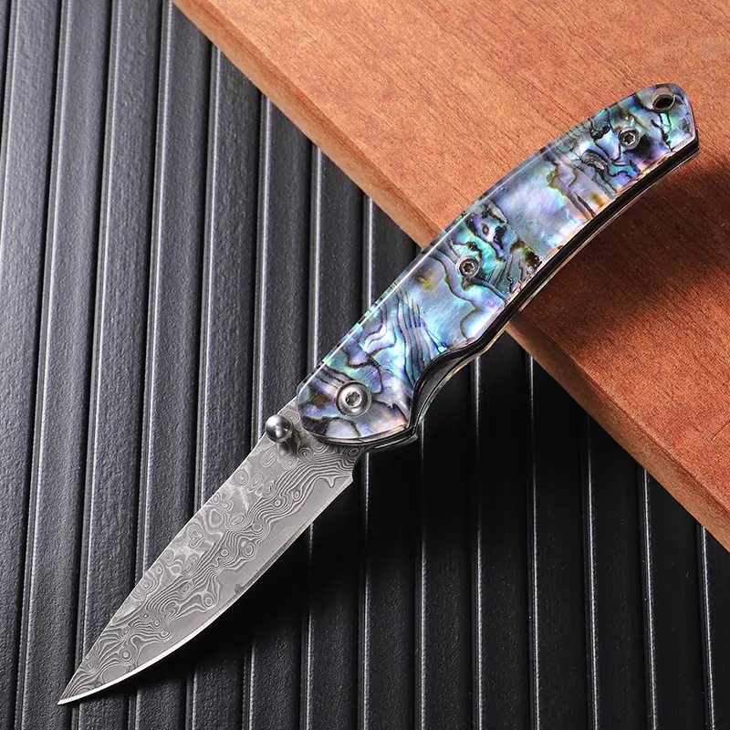 Damascus Steel Outdoor Camping Knife - Sharp, Corrosion-Resistant, Durable Blade, Natural Abalone Shell Ergonomic Handle, Black Gift Box Included, Ideal for EDC & Camping, Great Gift for Christmas, Father’s Day, Outdoor Camping Knives