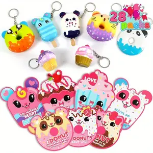 28 Pack Dessert squishy toys Stress Relief Keychains with Cards for Valentine’s Greeting Cards Party Favors Exchange Prize