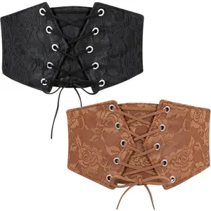 2 Pack Women Wide Corset Waist Belt Lace-up Tied Waspie Elastic Belt for Dress
