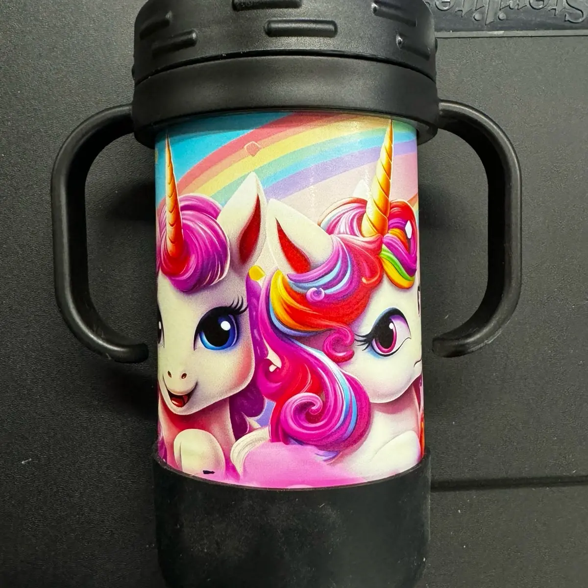 Unicorn Themed Girls Sippy Cup 10 oz Double Wall Insulated BPA Free UV Printed Drinkware with Removable Handles & Spill-Proof Lid
