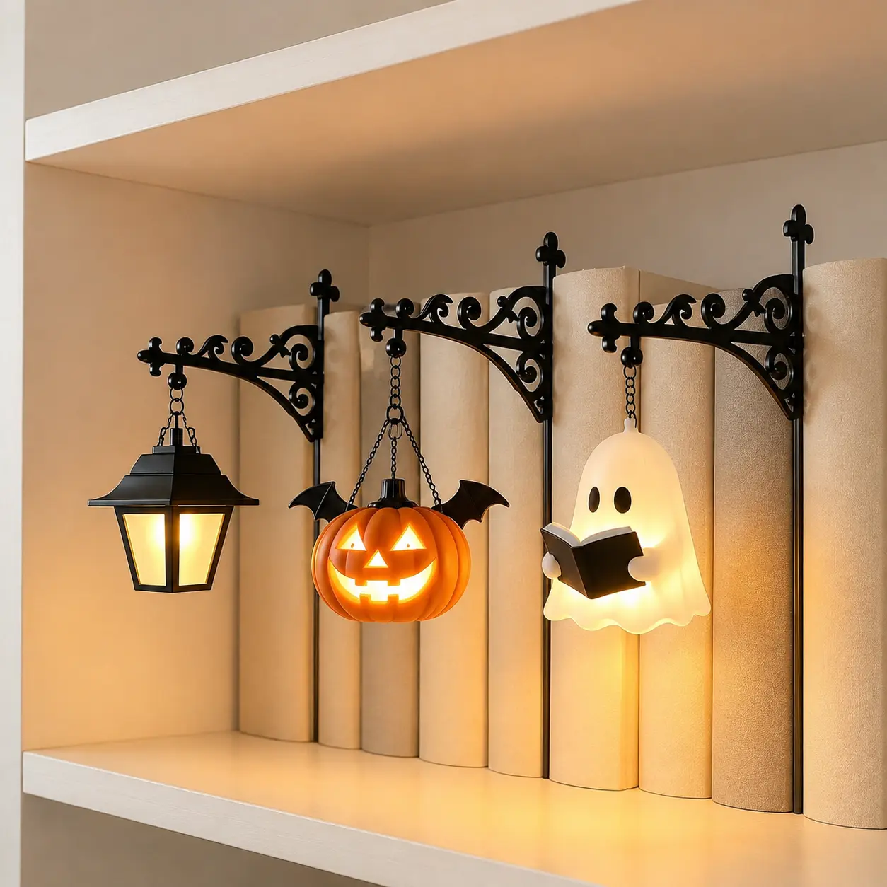 3pcs Library Lantern Decorative Bookshelf Lighting Gothic Scroll, Miniature Hanging Shelf Lamp, Warm LED Nightlight, Reading Nook Literary Decor, Cozy Mini Hanging Decor, Halloween Festive Home Supply decorations