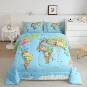 World Map Comforter Set,Multicolored Bedding Set,3D Geography Blue Ocean Down Comforter,America Europe Asia Africa All Season Comforter Sets