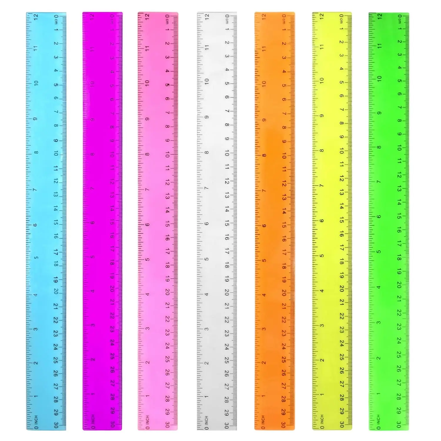 7-Pack Transparent Plastic Rulers, 12in School Rulers for Kids, Office/Classroom Measuring Supplies with cm, mm, Inch Markings & Assorted Colors (Back to School Essentials)