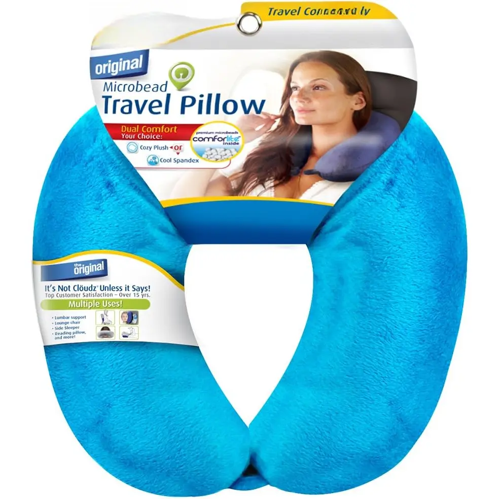 Dual Comfort Microbead Airplane Travel  Pillow. Soft Cozy Plush Fabric on One Side, Cool Relaxing Spandex on The Other! Customize Your Comfort and Support at Home or On The Go! Bright Blue