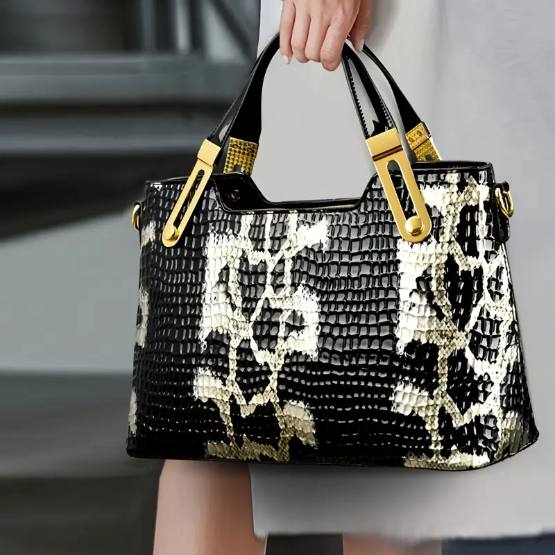Luxurious Snakeskin Handbag  Large Capacity, Glossy Black & Golden Accent Tote with Metallic Hardware, Elegant Crossbody Bag for Women, Evening Accessory | Glossy Finish Bag | Detachable Strap