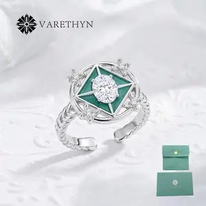 North Star Adjustable Ring Green Enamel Cubic Zircon North Star Open Band Rhodium Plated Jewelry for Women