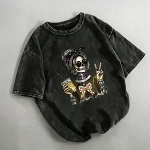 Women's Fun Print Hip-Hop "Halloween Ghost Girl"Personalized Pattern Print Street, Vintage Fashion Commuting Versatile Y2k Men's Women's Clothing, Niche Punk Style Black Round Neck Short-Sleeved Washed T-Shirt Streetwear Casual