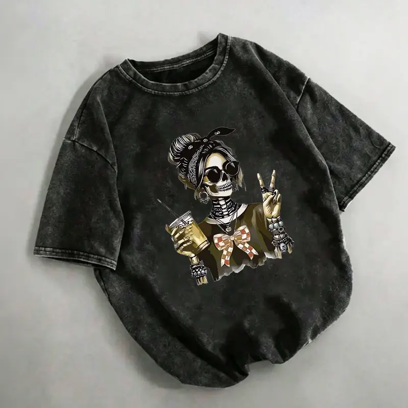 Women's Fun Print Hip-Hop "Halloween Ghost Girl"Personalized Pattern Print Street, Vintage Fashion Commuting Versatile Y2k Men's Women's Clothing, Niche Punk Style Black Round Neck Short-Sleeved Washed T-Shirt Streetwear Casual