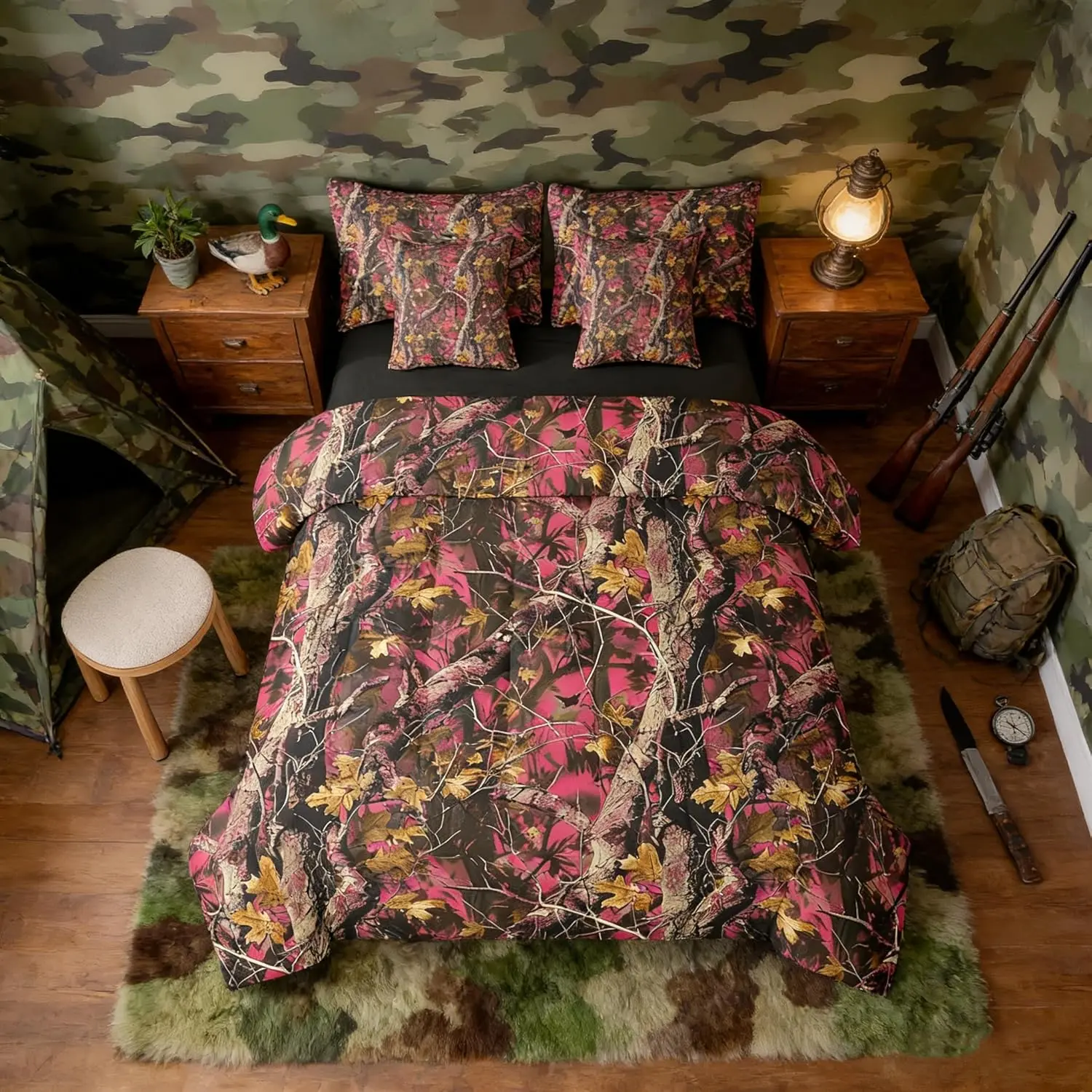 Woods Pink Camouflage 7 Pieces Bedding Set,Camo Print Bedding Bed in a Bag with Comforter,Sheets,Pillowcases Set Decor Cabin Rustic Bed Set Farmhouse Bedroom Decor