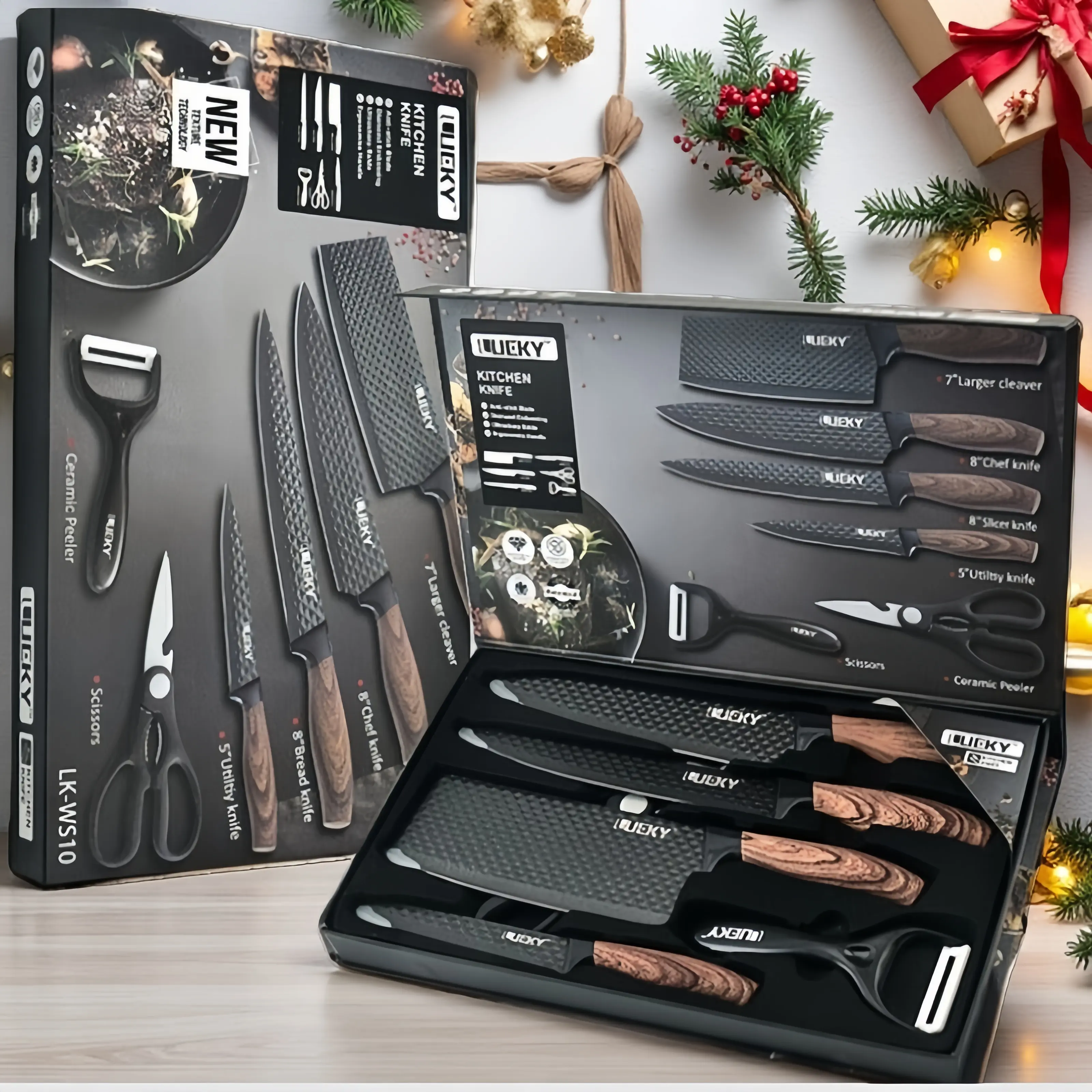 【Christmas Gift】Ultra-Sharp Stainless Steel Kitchen Knife Set - Chef Knives Set,6 Piece Kitchen Knife Set with Gift Box, Wood Grain Handle, Stainless Steel Kitchen Knives with Chef, Bread, Slicer, Utility, Paring Knife for Cutting Meat/Vegetables/Fruit.