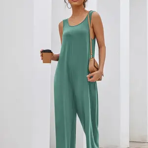 Sleeveless Jumpsuits for Women Casual Summer Scoop Neck Tank Rompers Wide Leg Pants Overall Jumpers with Pockets