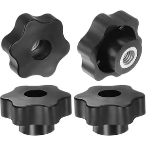 4pcs Star Knobs M10 Female Thread 48mm Head Plastic Through Hole Brass Screw-in Clamping Handles Threaded Hand Knobs, Black