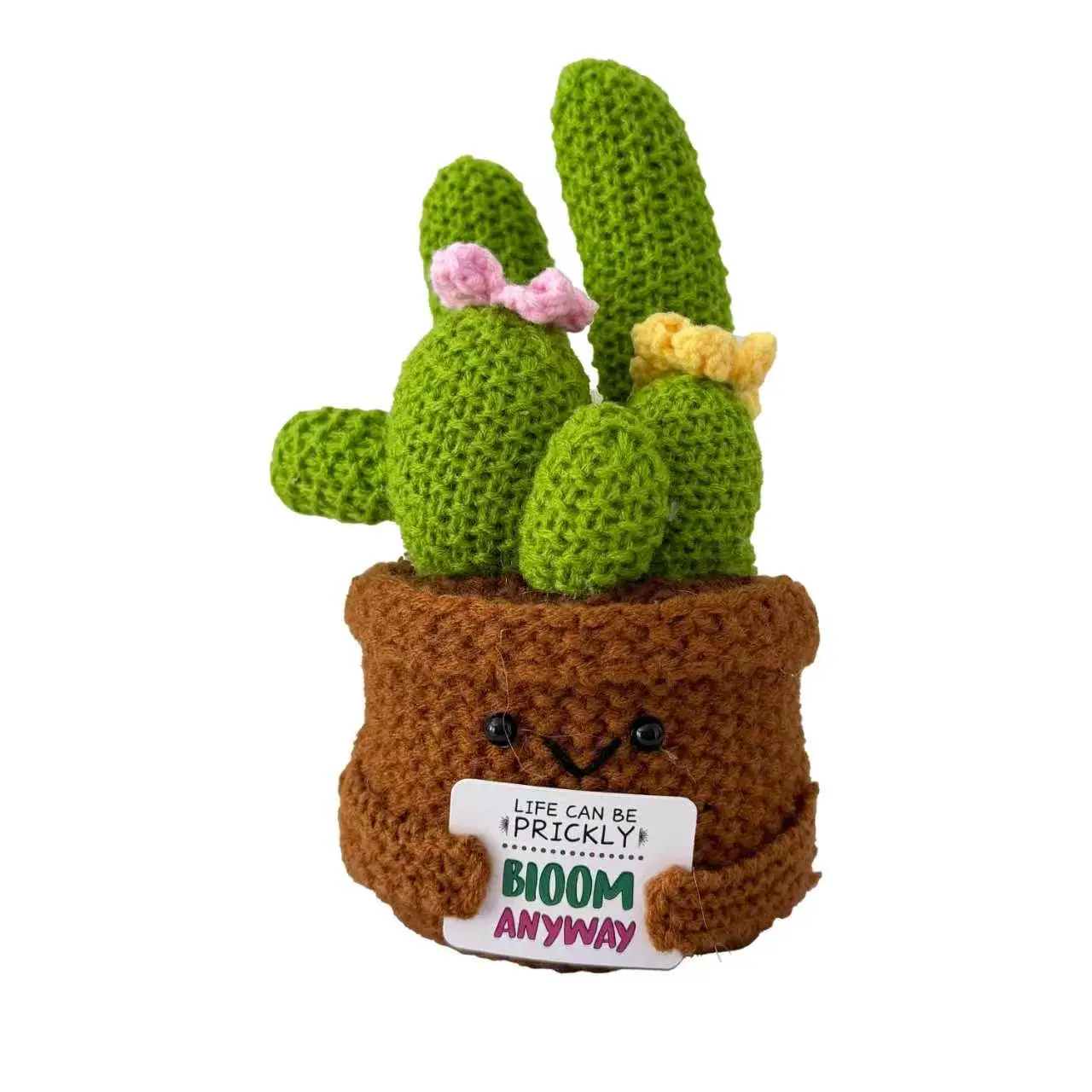 Handmade Crochet Artificial Cactus - Adorable Home Decor, Desk Ornament, Mother's Day Gift with Daily Positive Quote & Burst of Positivity for Encouragement Needs