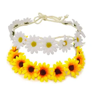 2PCS Fashion Flower Headband Sunflower Hair Wreath Festival Hair Band Bridal Headpiece (yellow+white)