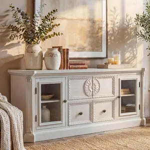 Homsee Solid Wood Sideboard with Storage, 60 Inch Buffet Cabinet Full Assembled, Carved Storage Cabinet with Drawers & Glass Doors, Retro Credenza for Living Room,Ash Wood Grain