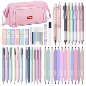 Nicpro 52 PCS Aesthetic School Supplies with Pencil Case, 6 Colored Ballpoint Pens, 12 Pastel Highlighter, 8 Colored and Black Ink Gel Pens, 6 Mechanical Pencils 0.5,0.7 for Student Stationary (Pink)