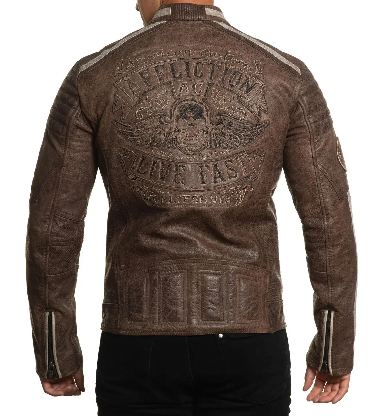 Affliction Men's Leather Coat - Longsleeves Casual Menswear Jacket with Black Skull Graphic Design