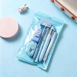7-Piece Cute Pink Stationery Set: A Multifunctional Collection Including a Ballpoint Pen, Pencil Sharpener, Highlighter, Correction Tape, Ruler, and Utility Knife (Blue)—A Soft-Style Campus Stationery Kit and Study Supplies Combo.