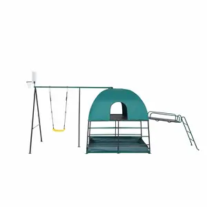 JumpKing Ultimate Adventure Playset - All-in-One 5-Station Playset with Climbing Den, Swing, Basketball Hoop, Fireman’s Pole, Climbing Bridge & Ladder - Outdoor Active Fun Play Gym for Ages 6+