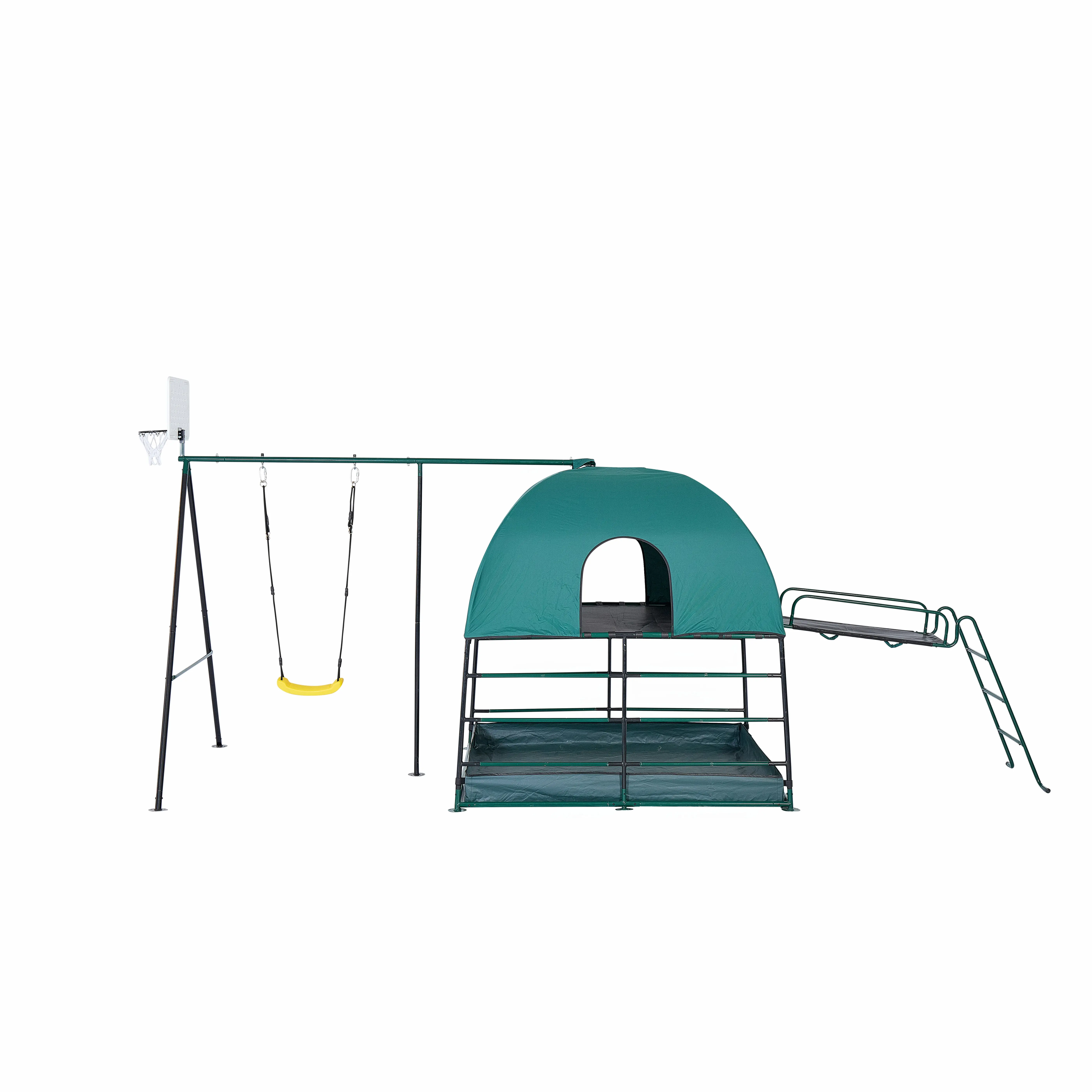 JumpKing Ultimate Adventure Playset - All-in-One 5-Station Playset with Climbing Den, Swing, Basketball Hoop, Fireman’s Pole, Climbing Bridge & Ladder - Outdoor Active Fun Play Gym for Ages 6+