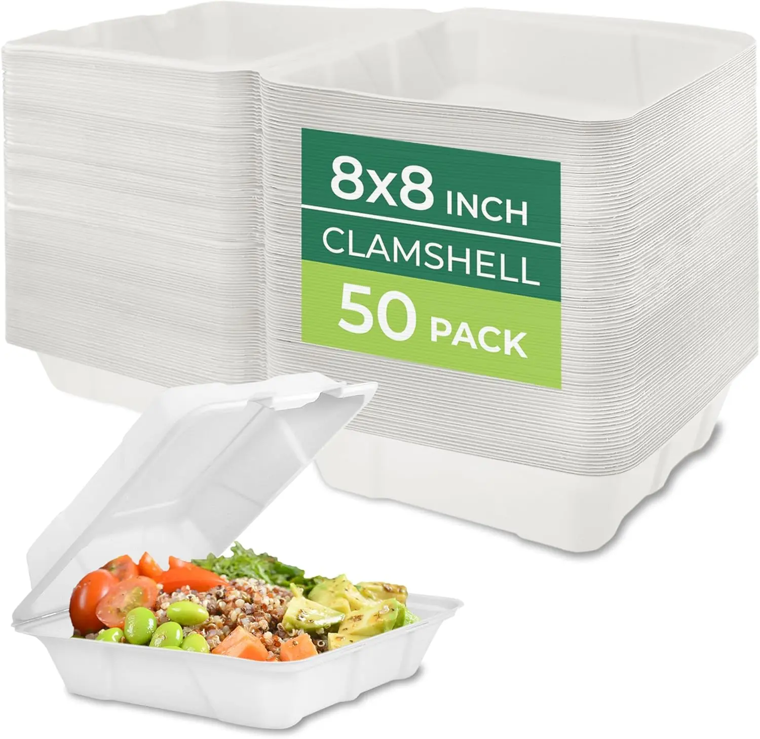 Compostable Clamshell Food Containers - 8x8" 50-Pack, Biodegradable Sugarcane To Go Boxes, Heavy Duty Paper Container - Microwave & Freezer Safe, Stackable