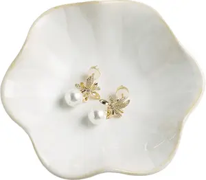Milky White Glazed Ceramic Jewelry Holder Box - Irregular, Modern, Washable Porcelain Aesthetic Dish with Compact Adjustable Ring Holder & Trinket Tray for Vanity Home Organization, Women's Gift