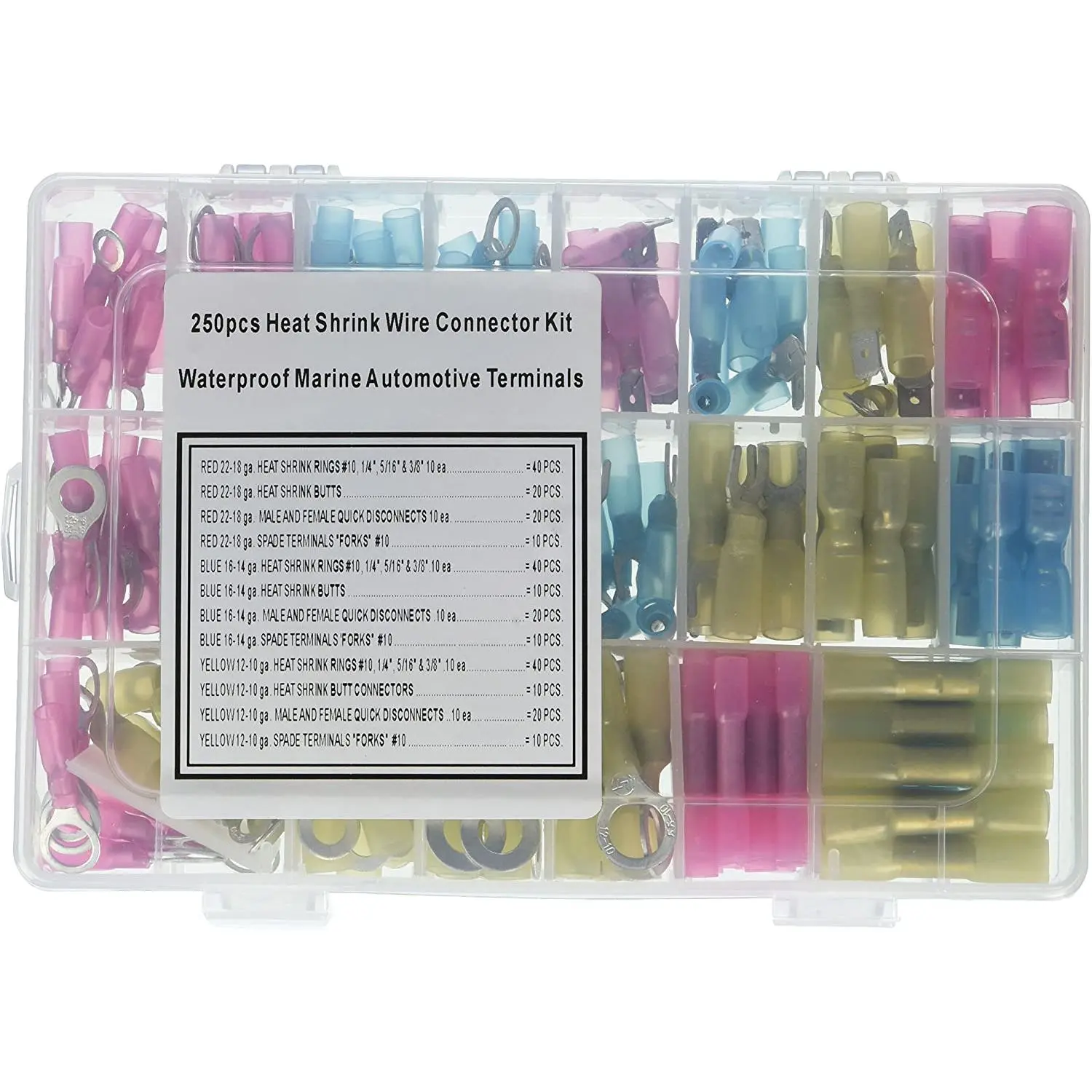 250 Pieces Assorted Insulated Heat Shrink Electrical Wire Terminals Set, Waterproof Crimp Connectors - Includes Spade, Butt, Fork, M/F Quick, Ring
