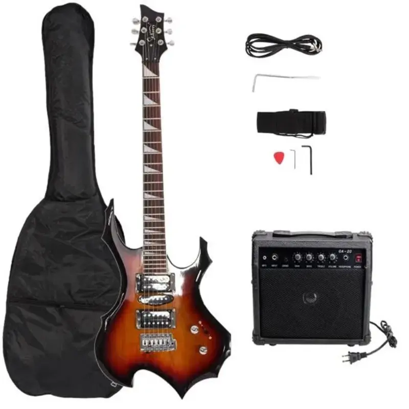 Sunset Color Flame-Shaped Right-Handed Electric Guitar - HSH Pickups, Basswood Body, 20W Audio, Accessory Kit (Bag, Strap, Picks, Snake Cable, Wrench Tool) for Beginners