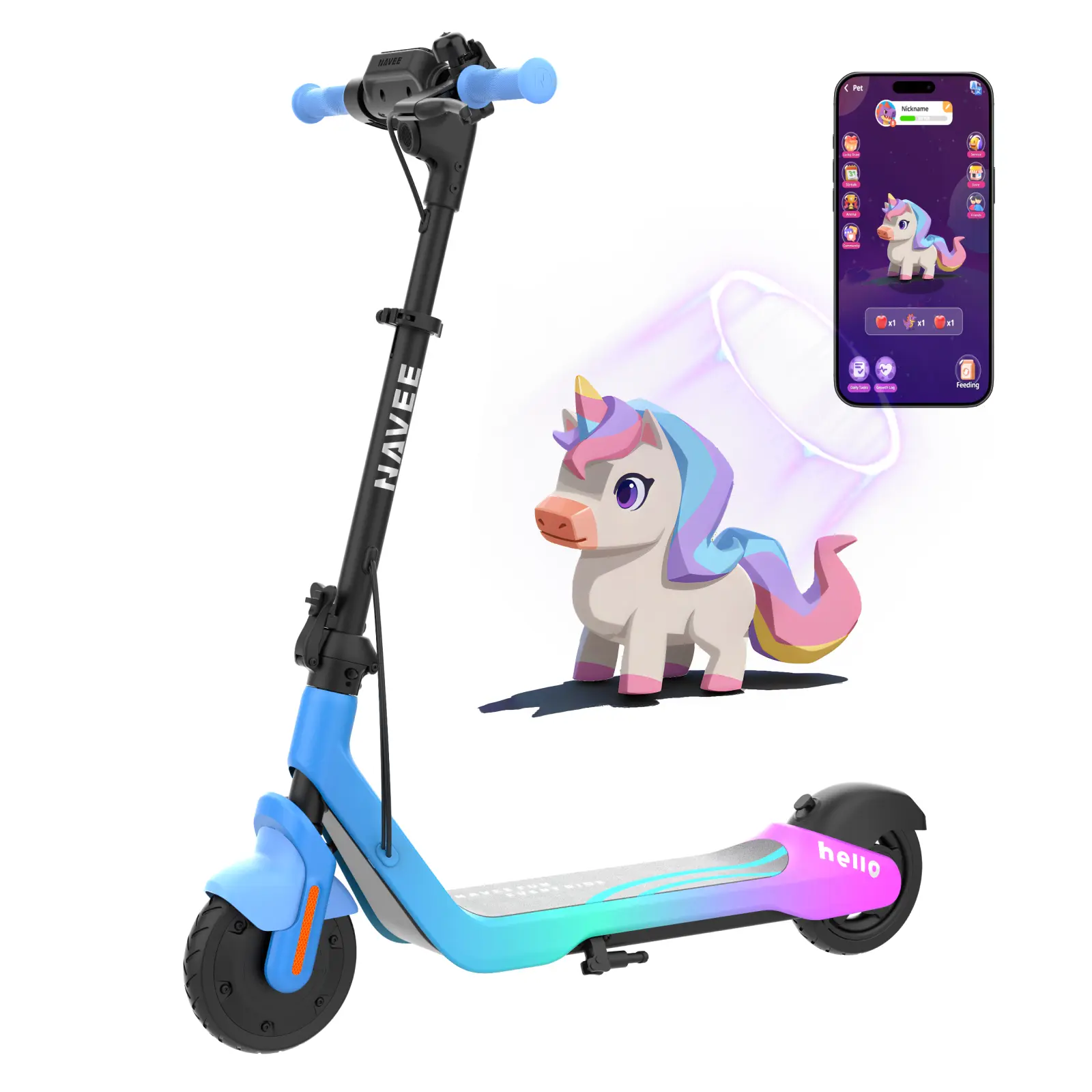 NAVEE K100 Max Electric Scooter for Kids 5-11, Adjustable Handlebar/Speed, Digital Pet, 12.4 mph, Safe Brake, Foldable, RGB Lights, Smart APP, Growing Adventurer Gift for Boys Girls, UL2272