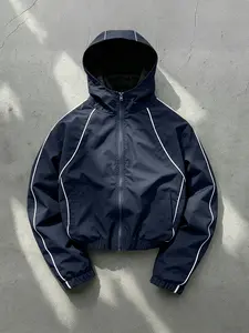 Men's Hooded Jacket with Reflective Stripes, Windproof Wrinkle-Resistant Fabric, Casual Fitted Design, All Seasons, Trendy Street Style