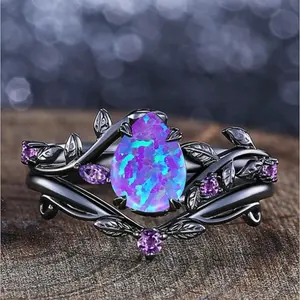 Matte Black Ring Set with Purple Synthetic Opal – Pear & Leaf Design, Festival & Everyday Statement Jewelry