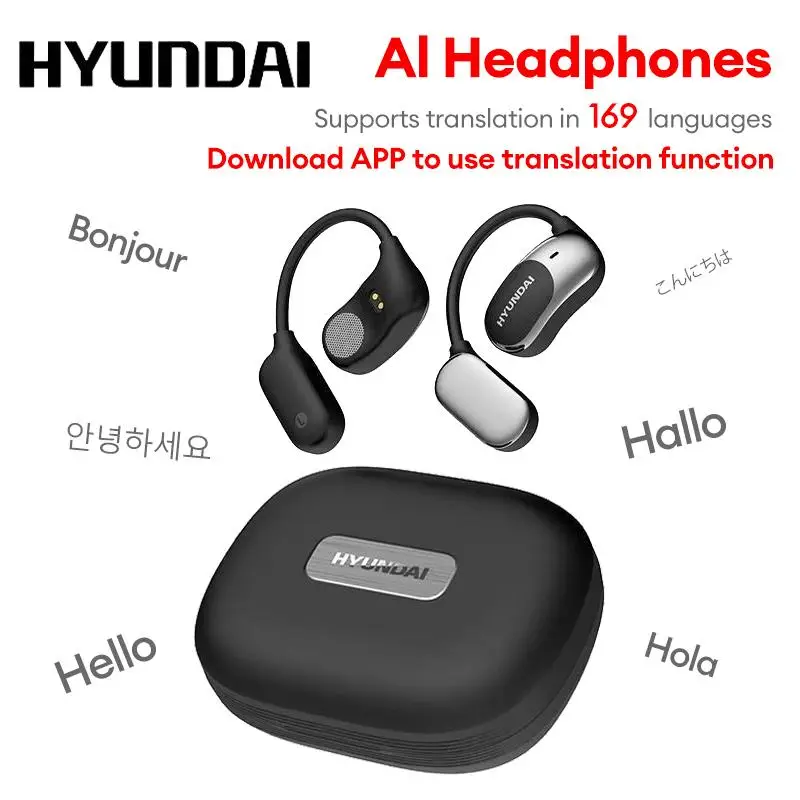HYUNDAI Fit2 with Built-in 169-Language Translation Wireless Headphones with Electroplated Ear Hook Design – Comfortable, Great Sound, Bluetooth 5.4 F
