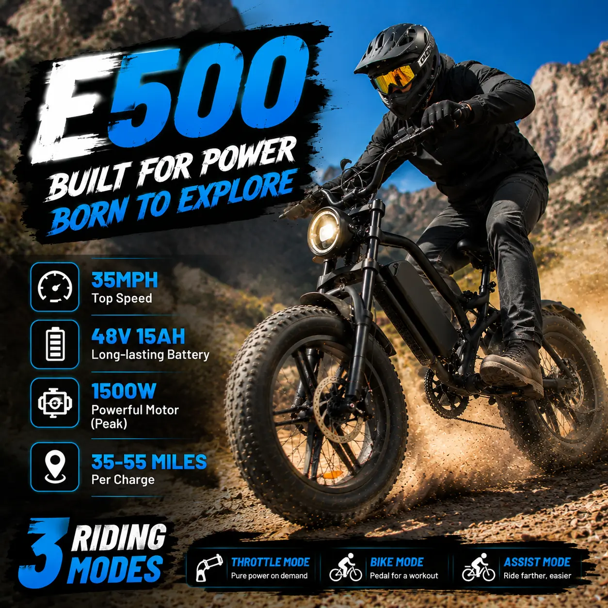 ASKMY E500 All-Terrain Electric Bike for Adults | 1500W Peak Motor | 48V 15Ah Battery | Up to 35MPH | UL 2849 Certified | 20"x4.0" Fat Tires | Dual Suspension | Built for City Streets & Mountain Trails Fathersdaygift Bicycle
