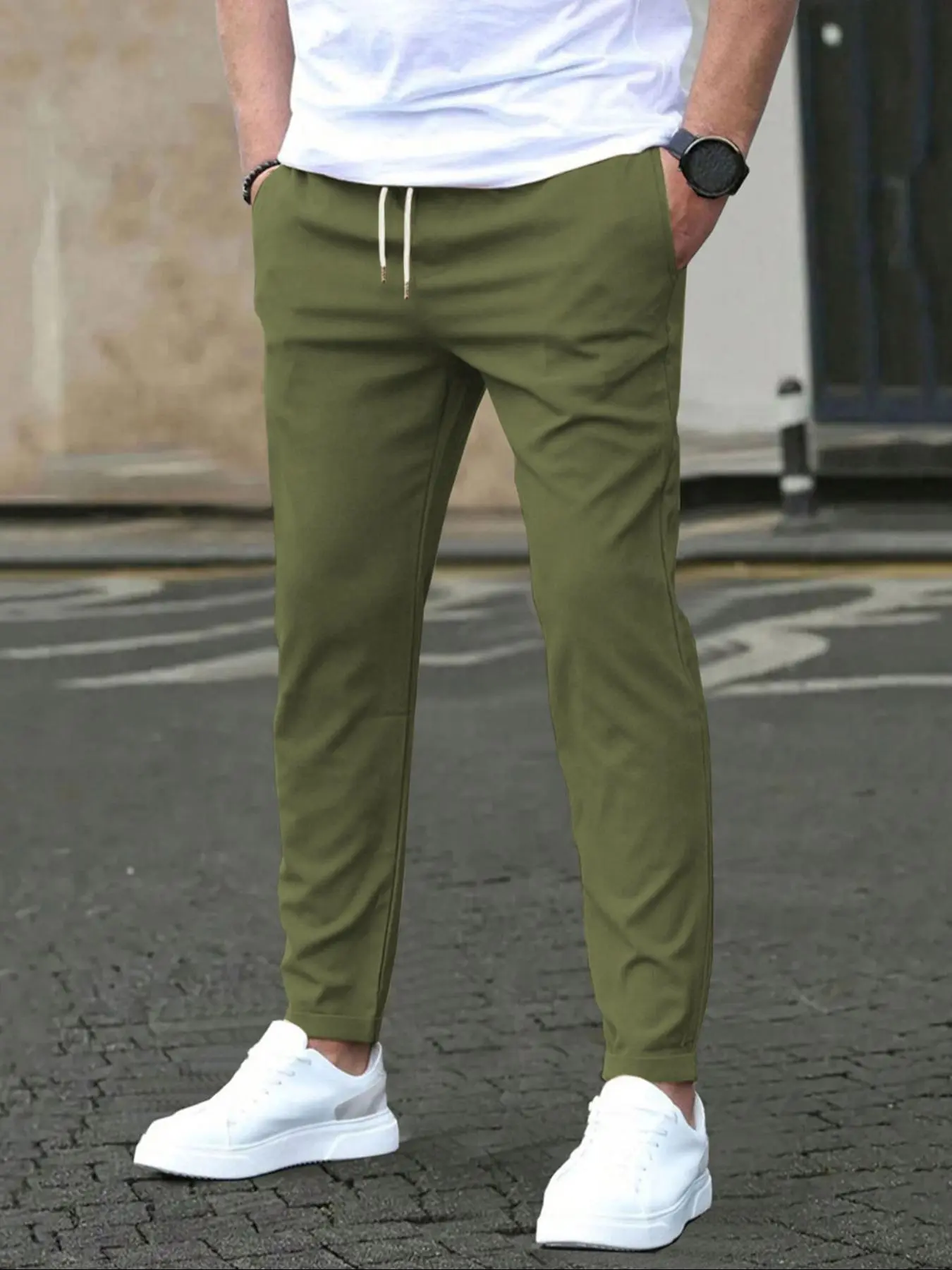 Men's Solid Color Drawstring Waist Pants, Regular Fit Casual Comfy Pocket Trousers for Spring & Fall, Men's Bottoms for Daily Wear, Casual Sports Trousers, Casual Sporty Pants, Casual Street Comfy