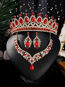 Women's Fashion Jewelry Set, Four-Piece Alloy Crown Earrings Necklace, Rhinestone Accents, Perfect for Wedding Party Special Occasions