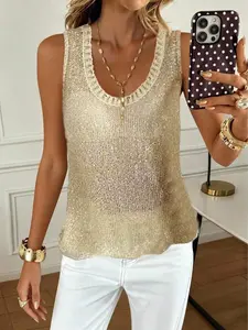 Women's Round Neck Hollow Out Sparkling Casual Fashion Lightweight Knit Top, Summer Shiny Textured Asymmetric Hem Sleeveless Casual Party Club Vacation Holiday Daily Wear Knit Camisole, Women Going Out Top, Casual Comfy Cami, Womenswear