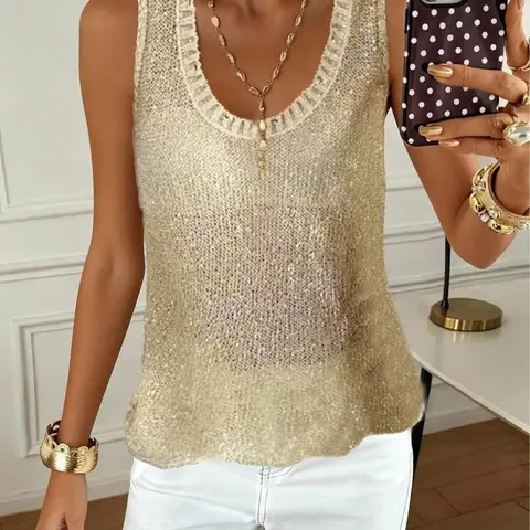 Women's Sparkling Round Neck Hollow Out Vest, Lightweight Comfortable Knit Fabric, Glitter Asymmetric Hem Sleeveless Top, Ideal for Parties, Clubs, Vacations & Daily Wear, Women's Going Out Top, Womenswear, Summer, Summer Tops Trendy