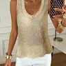 Women's Sparkling Round Neck Hollow Out Vest, Lightweight Comfortable Knit Fabric, Glitter Asymmetric Hem Sleeveless Top, Ideal for Parties, Clubs, Vacations & Daily Wear, Women's Going Out Top, Womenswear, Summer, Summer Tops Trendy