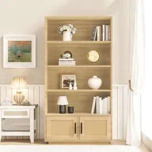 59.1" Tall Bookshelf with Rattan Storage Cabinet, 5-Tier Wooden Bookshelf, 59 Inch Tall Freestanding Bookcase with Open Storage, Heavy Duty Display Book Shelf & Organizer for Living Room and Home Office, Wobble-Free
