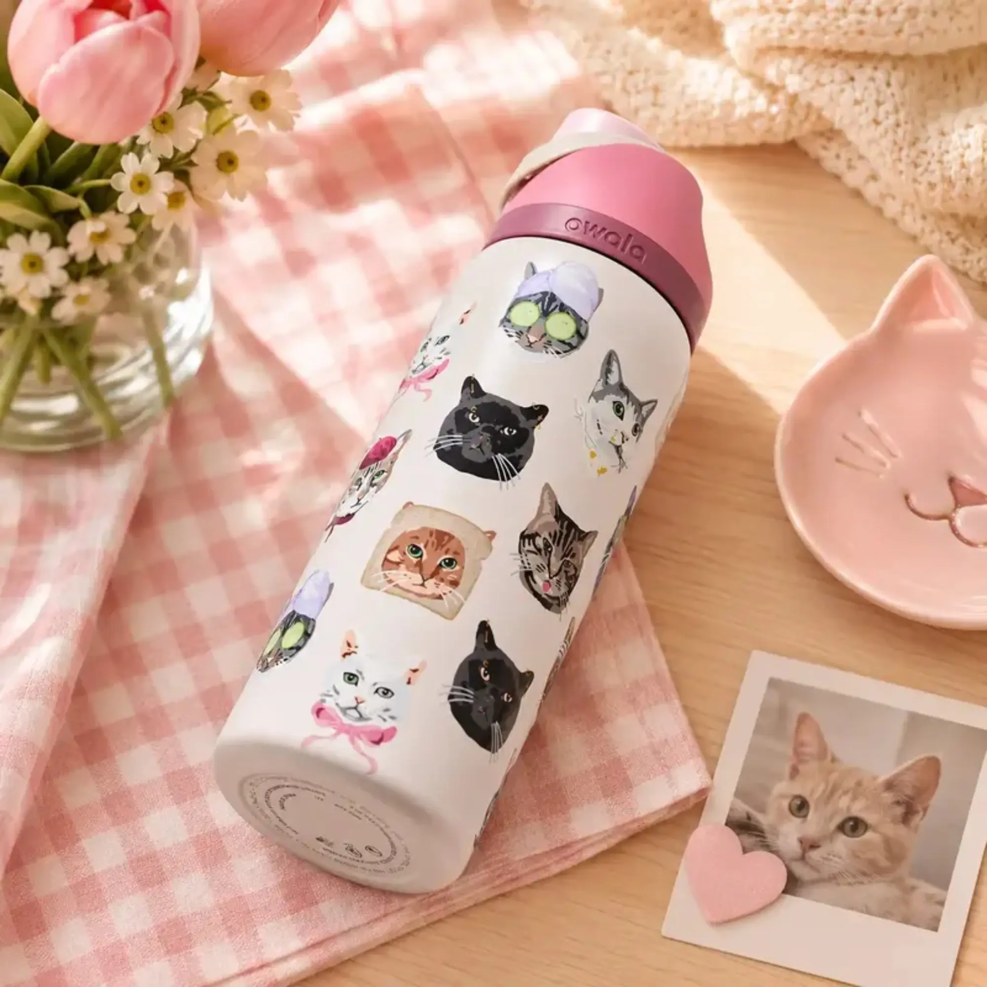 Owala FreeSip 32oz Hydro-Lock Vacuum Canteen, Urban Outfitters Exclusive Cat Collage Artistic Sketch Feline Print Montage Stainless Steel Sports Bottle